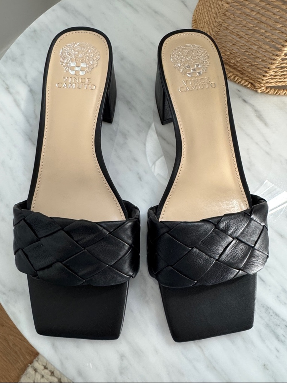 Vince Camino Black Braided Square-Toe Block Heel Slide